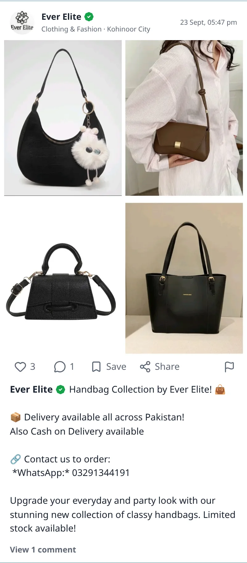 Ever Elite's post on Whisper Perks, with a green tick next to the shop name: Handbag Collection by Ever Elite, four photos of handbags, delivery available across Pakistan, cash on delivery, and a WhatsApp number to order
