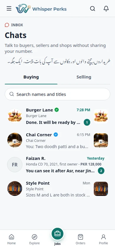 Your chats: Shops and sellers in one inbox, with what each chat is about and what is unread.