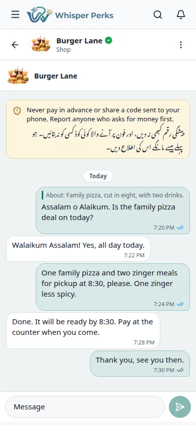 Chat with a shop: Ask, agree an order, and see when your message is delivered and read.