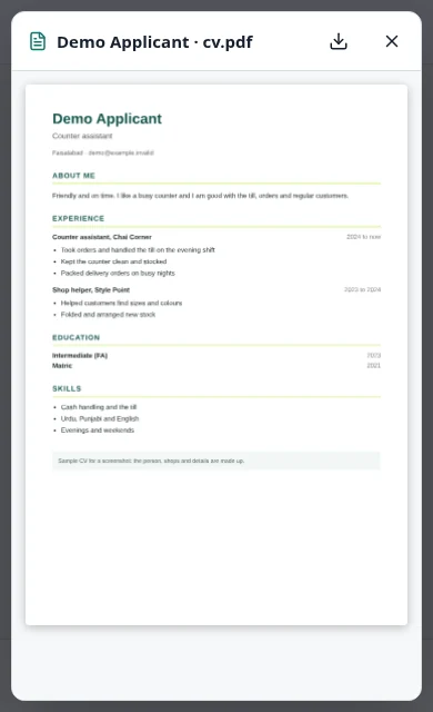 A made-up applicant's CV opened as a page inside the app, with buttons to download it or close it