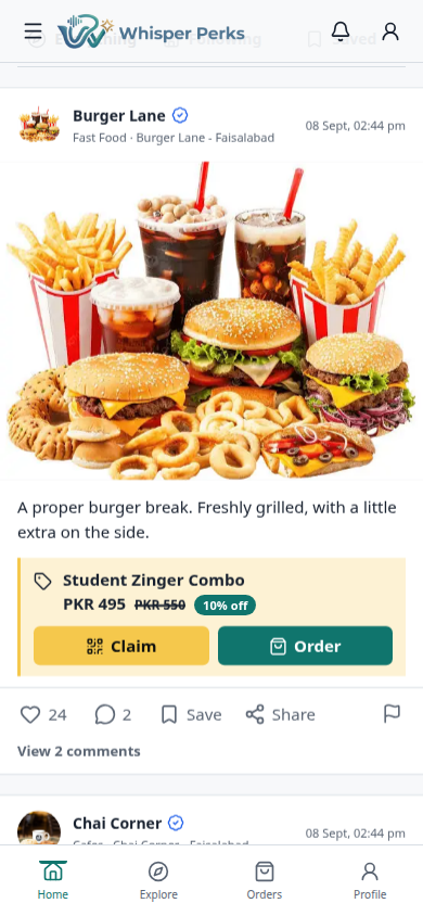 Whisper Perks food post mobile preview
