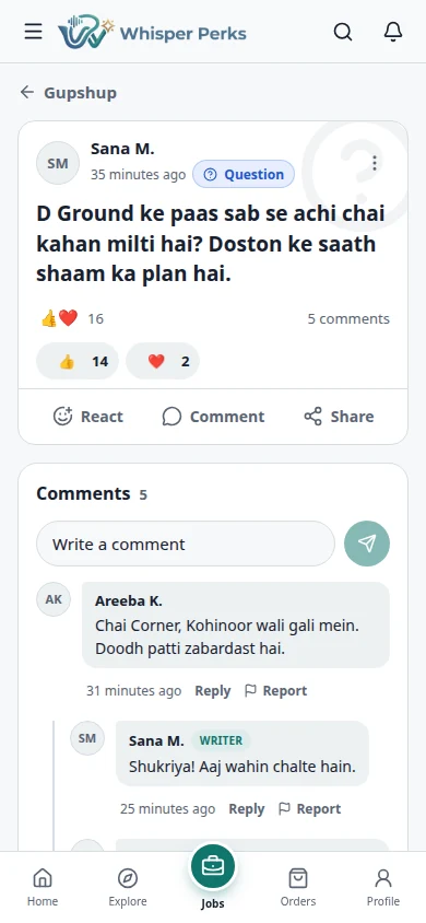 A post and its talk: Reactions with how many of each, then comments and replies, the writer’s marked.