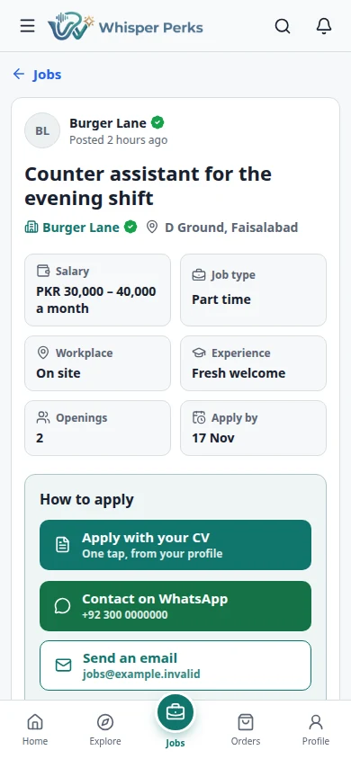 A job, in full: Who is hiring, with the shop's tick and a link to its page, the pay and the hours, and how to apply.