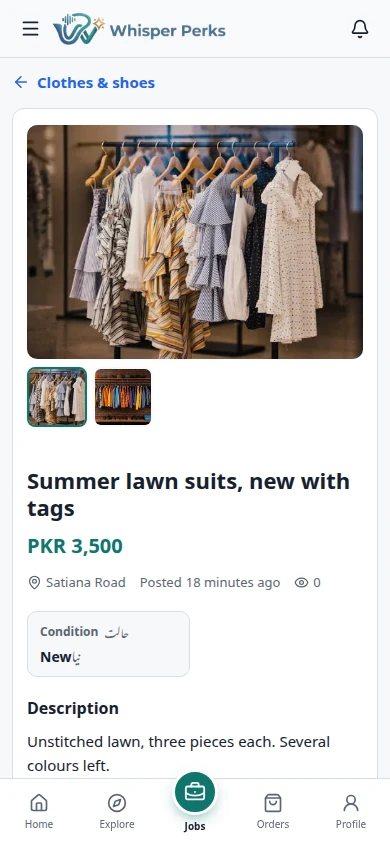 A listing, in full: Up to five photos, the price, and the seller a message away.