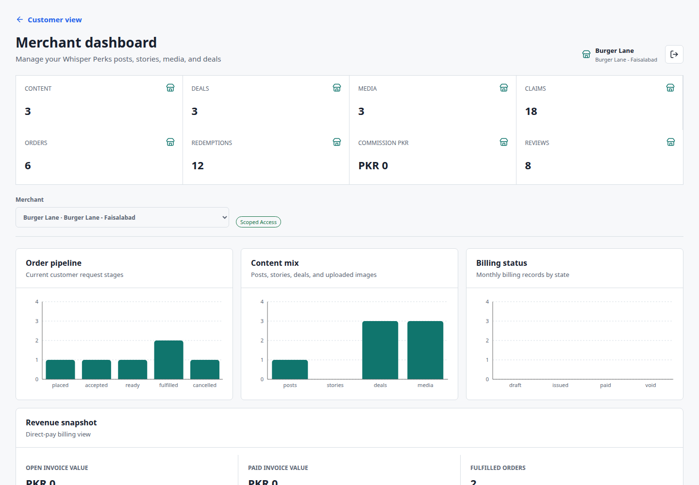Actual merchant dashboard layout populated with demo metrics