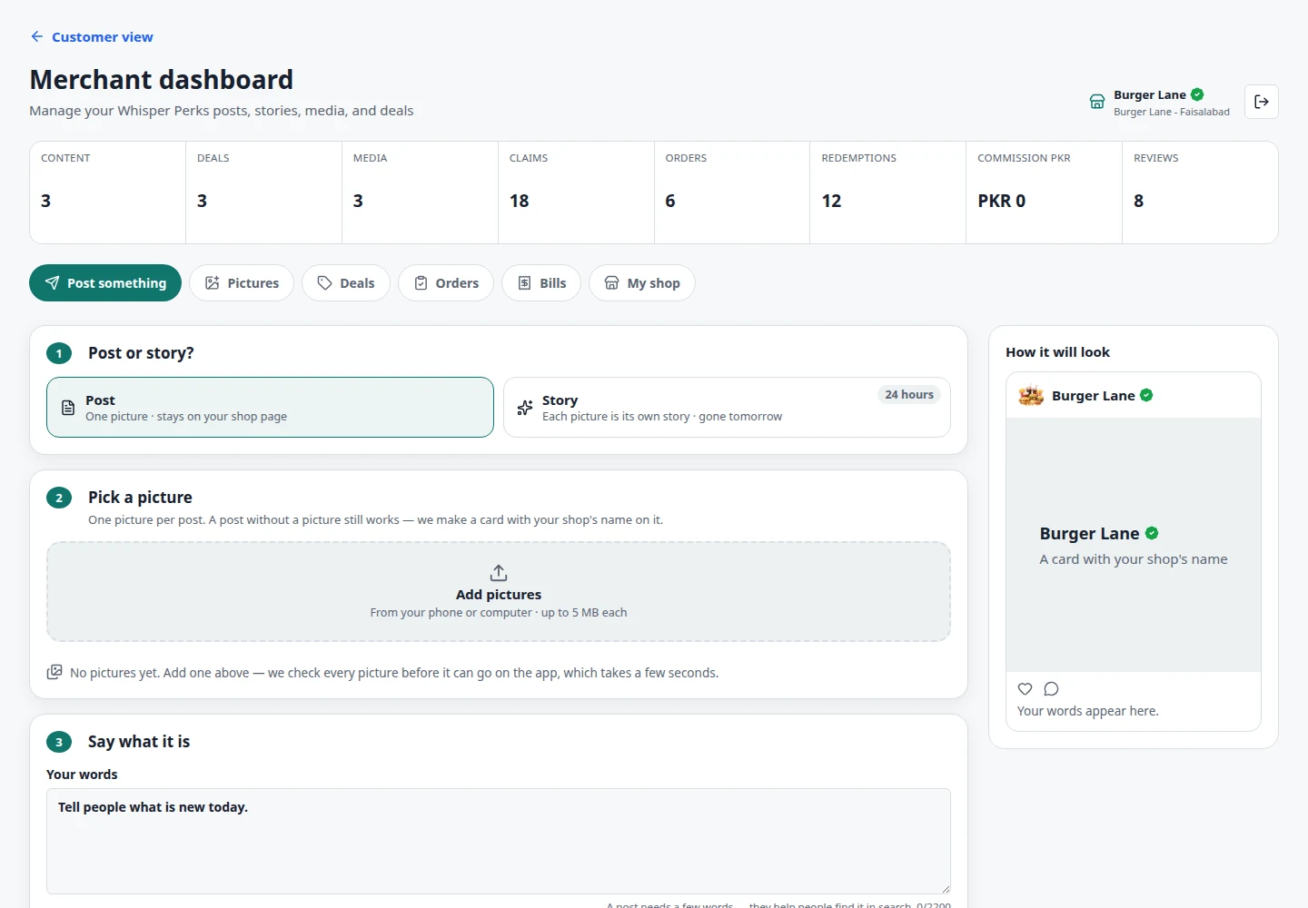 Actual merchant dashboard layout populated with demo metrics
