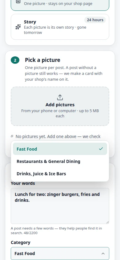 Writing a post in the shop workspace, with the Category list open: Fast Food, Restaurants and General Dining, and Drinks, Juice and Ice Bars