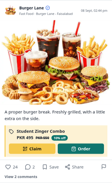 A post, up close: The offer, the price and the shop behind it.