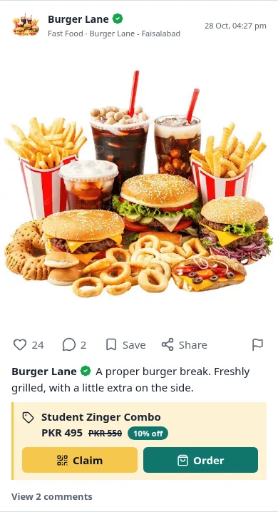 A post, up close: The offer, the price and the shop behind it.