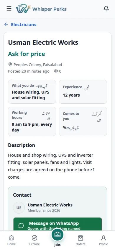 One tap to WhatsApp: The message already names the listing; a number is shown only when asked for.